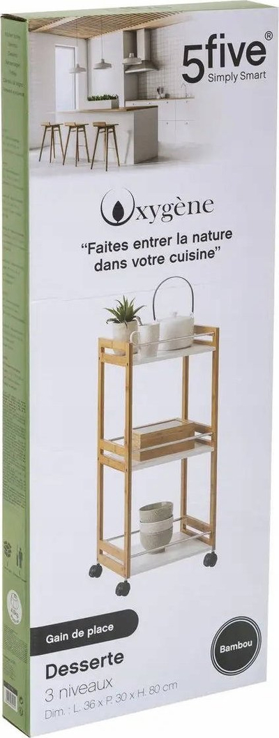 Karrocë kuzhine WENKO, me 3 rafte, bambu dhe MDF, e bardhë