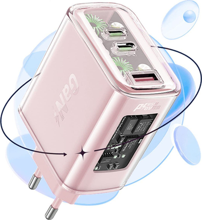Karikues rrjeti Acefast A45 Cherry Blossom, 65W, 2x USB C 1x USB A, rozë transparente