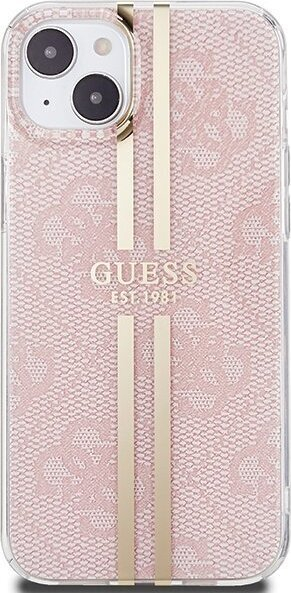 Kuti telefoni Guess IML 4G Gold Stripe për iPhone 15 14 13, hardcase TPU PC, rozë