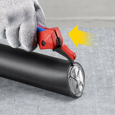 Thikë zhveshëse Knipex 16 50 145 SB, me këpucë udhëzuese, teh i palosshëm, e kuqe
