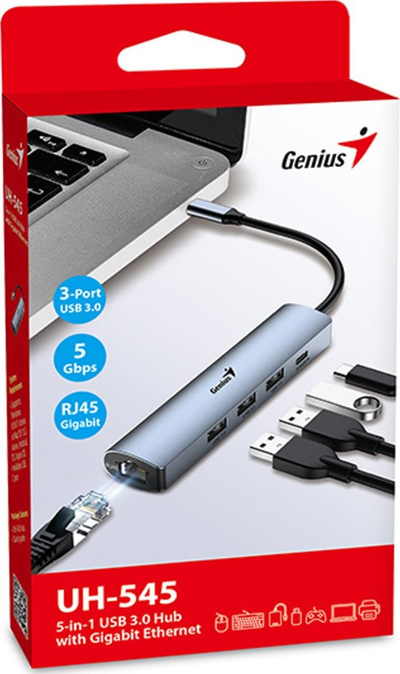 HUB USB Genius UH-545, 3x USB 3.0, RJ45, gri