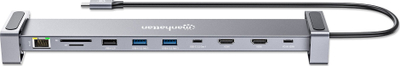 Dock USB C Manhattan me 7 porta, 2x HDMI 4K 60Hz, internet me kabllo Gigabit, gri