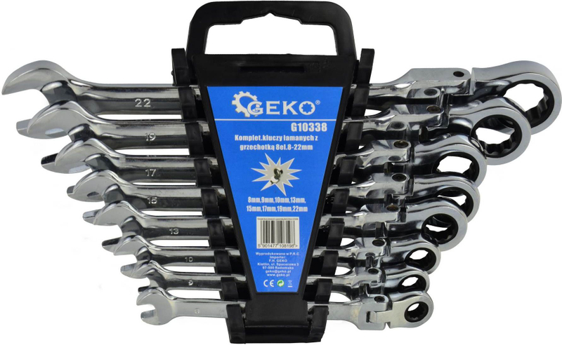 Set çelësa unazorë me nyje GEKO, 8 copë, 8-22 mm, me kuti plastike