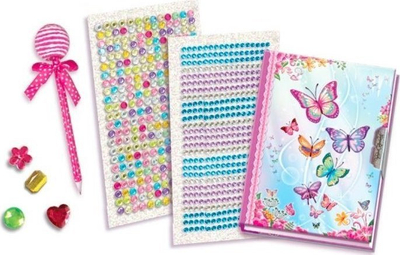 Set ditari kreativ Pulio Crystal Diary Set, me stilolaps dhe ngjitëse kristalesh, me flutura shumëngjyrëshe
