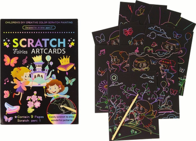 Liber kreativ Scratch Fairies Artcards, 9 faqe, me shkop gërvishtës, i zi