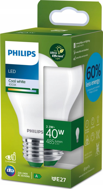 Llambë LED Philips A60 E27, 2.3W 485lm, 4000K, e bardhë matt