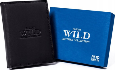 Portofol lëkure për burra Always Wild, RFID, me xhep për dokumente, i zi