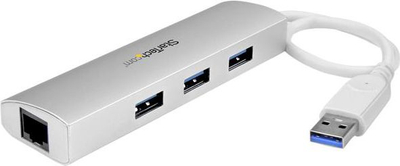 Hub StarTech USB, 1 x RJ-45 + 3 x USB-A 3.0 (ST3300G3UA), i argjendtë