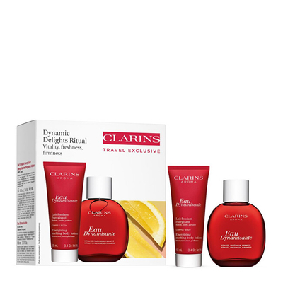 Set Clarins Dynamic Delights Body Care, losion për trup, 100 ml + losion sprej për trup, 100 ml