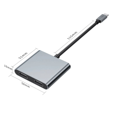 Adapter USB C Tech-Protect HB08, 4 më 1, 2x HDMI 4K 60Hz, gri