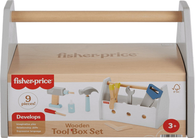 Set veglash druri Fisher-Price Wooden Tool Box, 9 pjesë, lodër edukative, multikolor