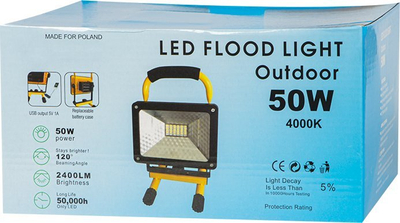 Prozhektor LED portativ për jashtë, 50W, 4000K, i verdhë
