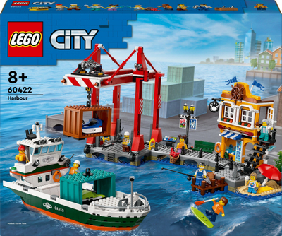 Lodër ndërtimi LEGO City Seaside Port 60422, port me anije mallrash, 8+ vjeç, shumëngjyrëshe