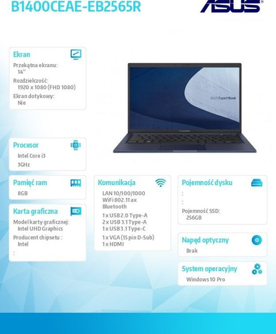 Laptop Asus ExpertBook B1 B1400, 14 ", Full HD, Intel Core i3, 8 GB RAM, 256 GB SSD, Windows 10 Pro, i kaltër i errët