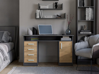 Shtrydhë tavoline Ada Desk Anthracite Oak Artisan, 125 cm, 4 sirtarë dhe dollap, antracit dhe dru lisi