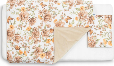 Set krevati për bebe Velvet Cot Set Square, jorgan edhe jastëk, kadife pambuku, bezhë