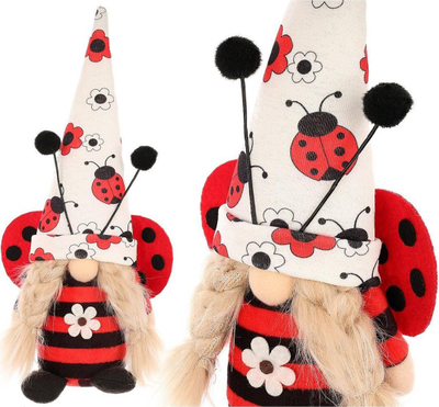 Figurinë zbukuruese Saska Gift and Decor Gnome Ladybug Girl, 24 cm, pranverë Pashkë, e kuqe e bardhë