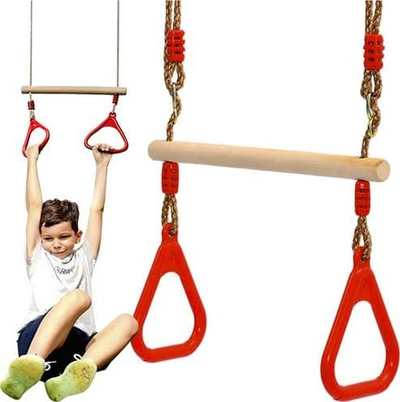 Lëkundëse trapez për fëmijë Kruzzel 25383, druri 43cm, litar i rregullueshëm 140‑211cm, e kuqe