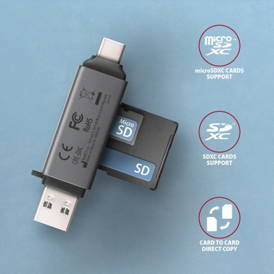 Lexues kartelash i jashtëm Axagon CRE-DAC, USB 3.2 Gen 1 Type-C dhe Type-A, SD dhe microSD, metalik
