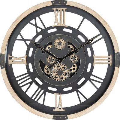Orë muri Atmosphera Mechanical Wooden, 80cm, stil industrial, dru i zi