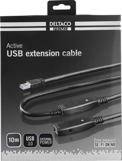 Kabllo USB Deltaco USB 3.0 aktive, 10m, USB 3.2 Gen 1, e zezë