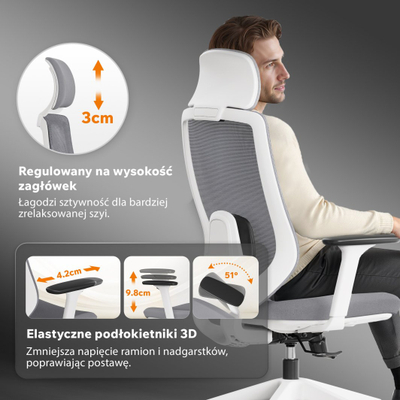 Karrige zyre SENSE7 Nakai, ergonomike, me mbështetëse koke, bardhë gri