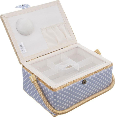 Kuti organizuese për qepje, druri me tekstil, 30x23x16 cm, blu me pika të bardha