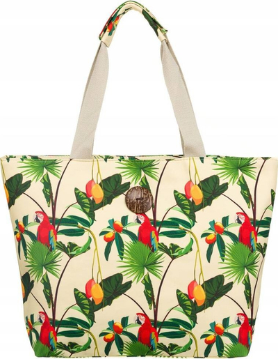 Çantë shopper për goca, e madhe, me motiv tropikal, bezhë me shumë ngjyra