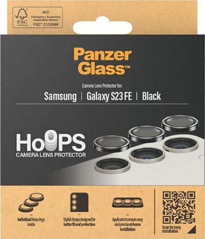 Mbrojtës lente kamere PanzerGlass Hoops për Samsung Galaxy S23, xham i temperuar, unaza alumini, i zi