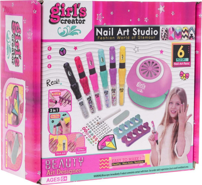 Set manikyri për kalamoj Girl's Creator Nail Art Studio, 6 stilolapsa thonjsh, me tharëse, rozë