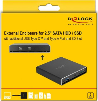 Kuti e jashtme DeLOCK, për disk 2.5" SATA HDD / SSD, USB 3.0 USB-C, me lexues SD, e zezë