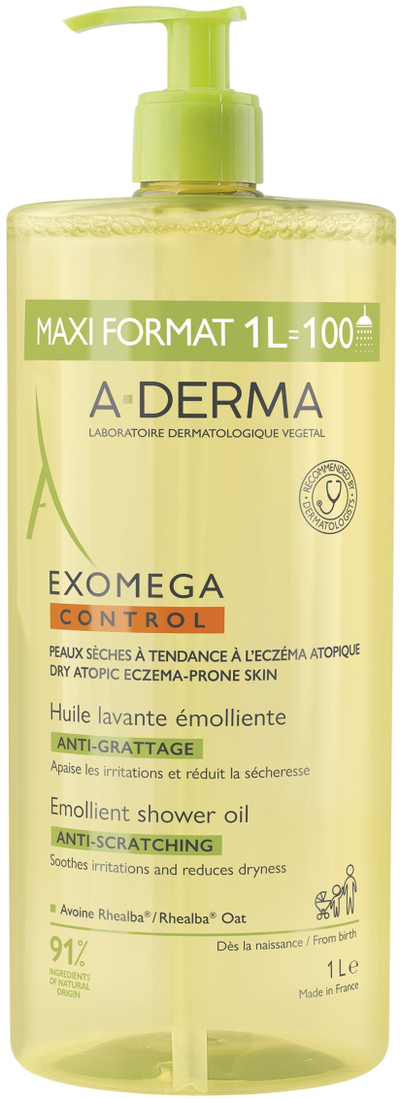 Vaj dushi A-Derma Exomega Control, për lëkurë të thatë dhe atopike, 1000 ml, transparent