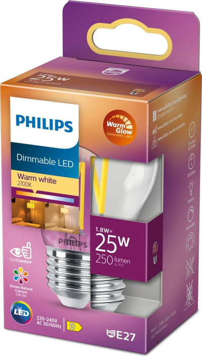 Llambë LED Philips Filament Candle Clear P45, 2.5W, E27, dritë e ngrohtë