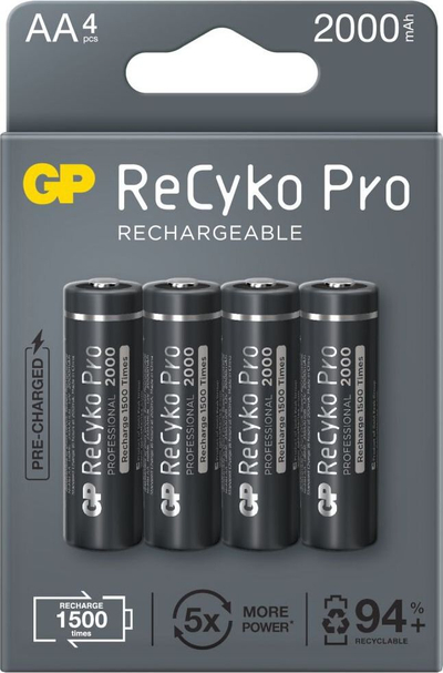Bateri rikarikuese GP ReCyko Pro AA, 2000mAh, NiMH, set 4 copë, ngjyrë e zezë