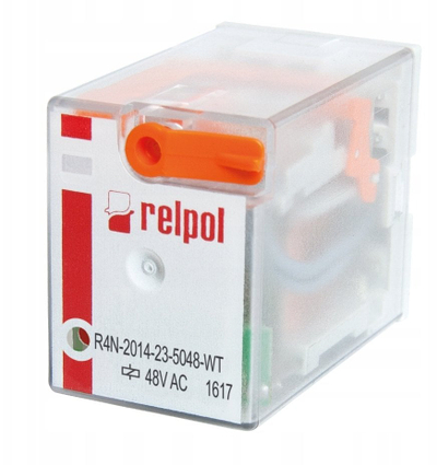 Rele industriale Relpol R4N, 4P, spiralë 48V AC, transparente