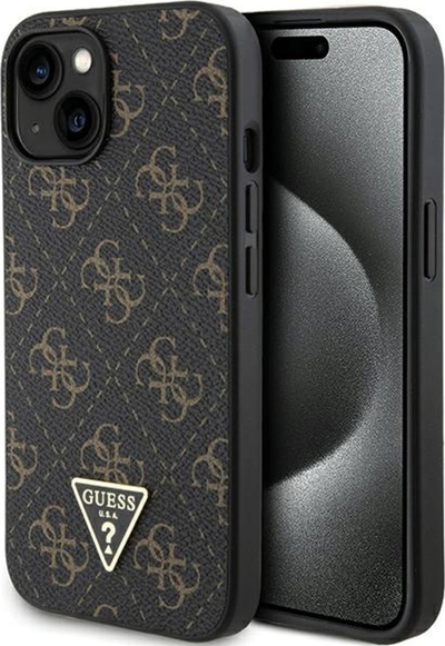 Maskë telefoni Guess 4G Triangle, për iPhone 15 Plus, lëkurë eko, e zezë