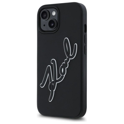 Kapak telefoni Karl Lagerfeld 3D Rubber Signature për iPhone 15 6.1", nga TPU, PC edhe silikon, i zi