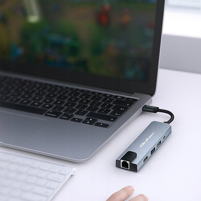 USB хаб Qoltec USB C Hub 5in1, HDMI 4K, RJ45, сребрена боја