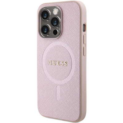 Mbulesë telefoni Guess Saffiano MagSafe për iPhone 15 Pro, rozë