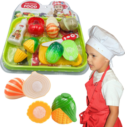 Set lodër kuzhine Tableware Food, perime plastike prerëse, thikë dhe tabaka, shumëngjyrëshe