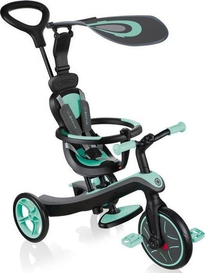 Tricikël për kalamaj Globber Explorer 4‑në‑1, me mbështetëse koke, me çati kundra rrezeve UV, ngjyrë mint jeshile