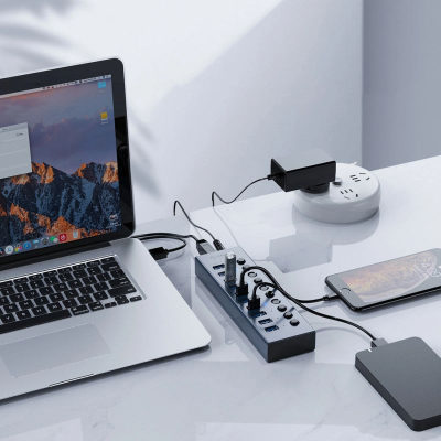 Hub USB Orico BT2U3-13AB, 13 porta USB 3.0, me çelësa më vete për çdo port, gri