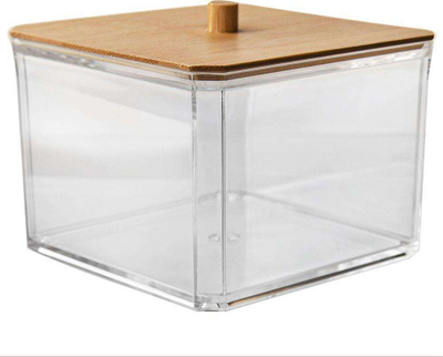 Kontejner pambuku kozmetik akrilik me kapak bambuje, transparent, natyral