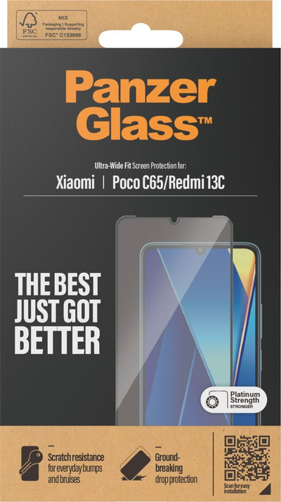 Mbrojtës ekrani PanzerGlass për Xiaomi Redmi 13C, xham i temperum, Ultra-Wide Fit, transparent