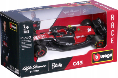Maket makine Bburago Alfa Romeo F1 C43 2023, shkalla 1:43, Guanyu Zhou #24, e kuqe e zezë
