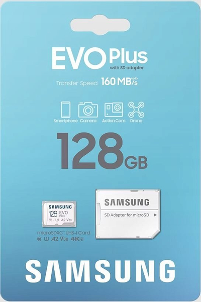 Kartë memorie Samsung EVO Plus, 128GB, MicroSDXC U3 A2, e bardhë