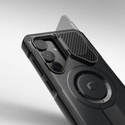 Mbulesë telefoni Tech-Protect Kevlar MagSafe+ Galaxy S25+, mbrojtje 360°, me këmbë mbështetëse, e zezë
