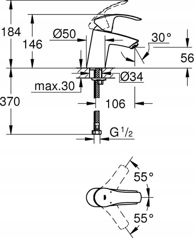 Rubinet lavamani Grohe Eurosmart S, pa shkarkues, i zi mat