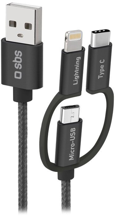 Kabllo USB SBS, 3 në 1 Micro USB USB C Lightning, 1.2m, USB 2.0, gri
