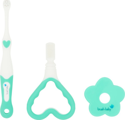 Set furçë edhe kafshues dhëmbësh BrushBaby Teether Brush, 0-18 mujsh, jeshile me të bardhë